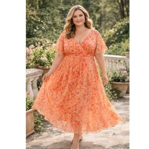Johnathan Martin floral Chiffon Midi Dress 24W Plus Size Flowy Romantic Boho